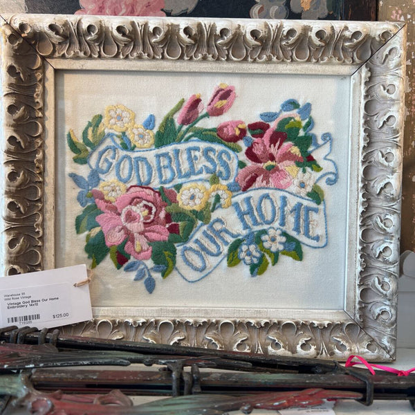 Vintage God Bless Our Home Embroidery 14x12