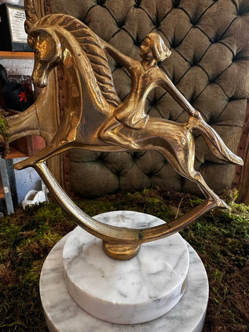 Vintage Brass Girl on Horse on Marble Base HEAVY 9in Tall