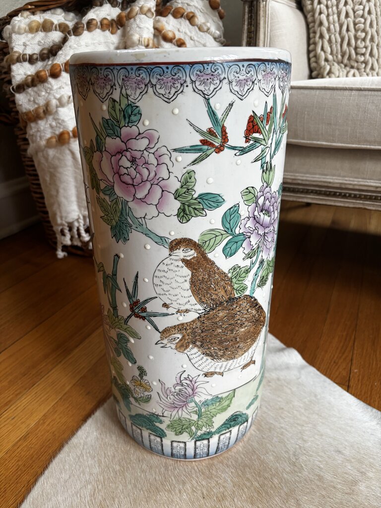 Vintage Chinese Porcelain Umbrella Stand w/Birds 18.5H