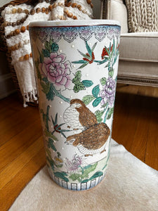 Vintage Chinese Porcelain Umbrella Stand w/Birds 18.5H