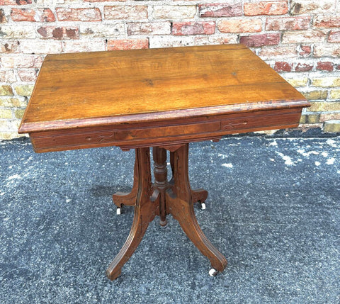 Antique Walnut Entry Side Table Carved Pedestal Eastlake 27W x 19.5D x 28.25H (in store PU)