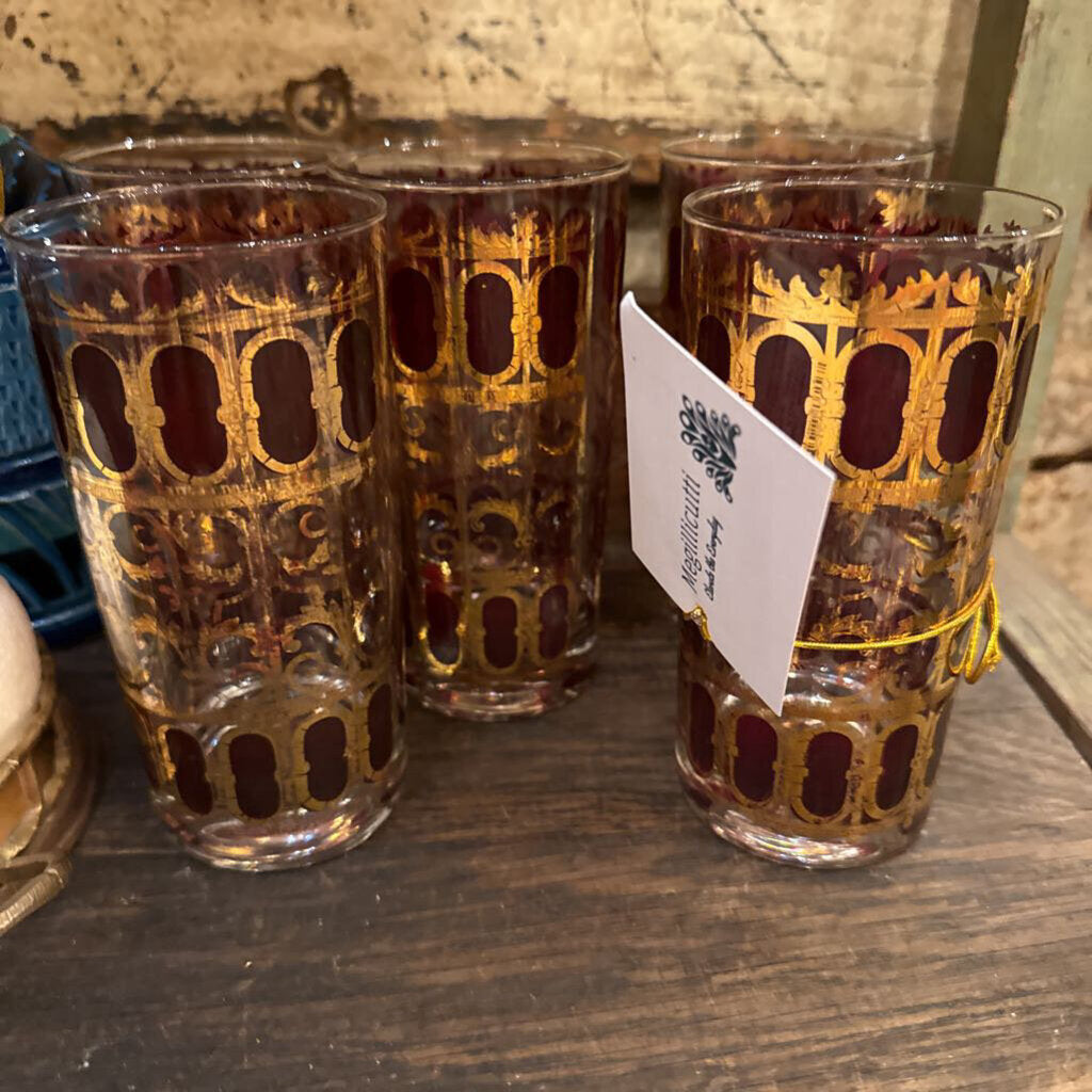 Culver Azure (5) Vintage Cranberry and 22K Gold Scroll Collins Tumbler Glasses