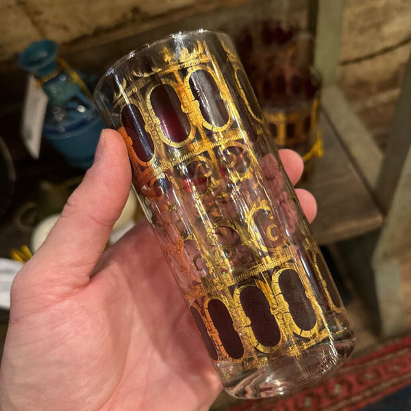Culver Azure (5) Vintage Cranberry and 22K Gold Scroll Collins Tumbler Glasses