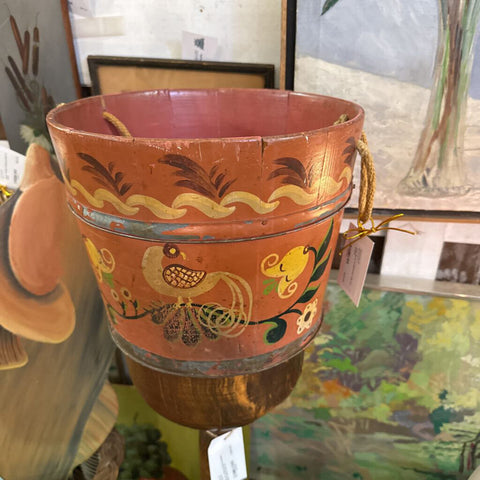 Pink floral handpainted folk art bucket