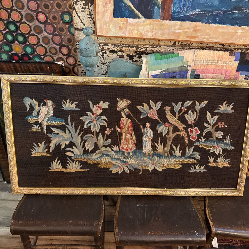 vintage needlepoint chinoiserie art 42x21