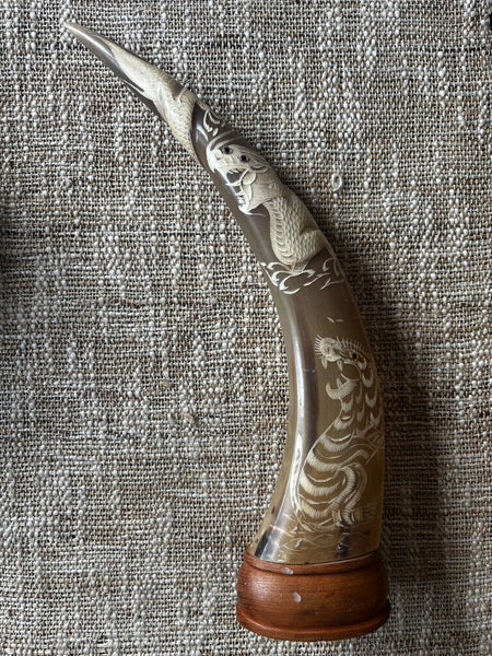 21" Carved Dragon and Tiger Water Buffalo Tusk on Wood Base