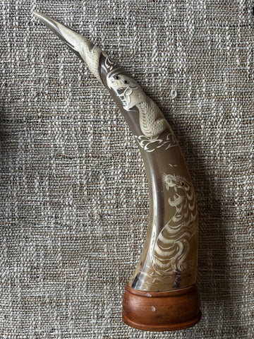21" Carved Dragon and Tiger Water Buffalo Tusk on Wood Base