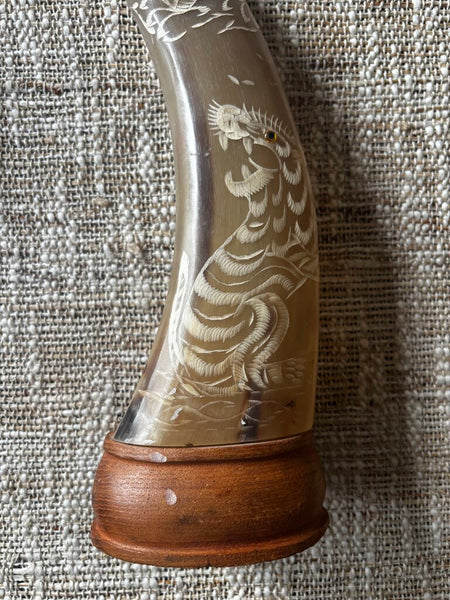 21" Carved Dragon and Tiger Water Buffalo Tusk on Wood Base