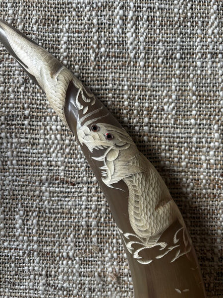 21" Carved Dragon and Tiger Water Buffalo Tusk on Wood Base