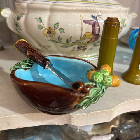 Vintage Majolica Bonwit Teller acorn dish & spreader