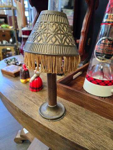 Victorian copper and brass kerosene candlestick lamp with fringed and metal shade