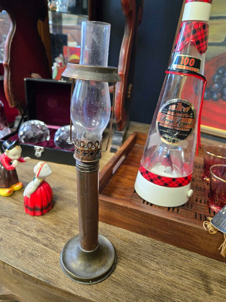 Victorian copper and brass kerosene candlestick lamp with fringed and metal shade