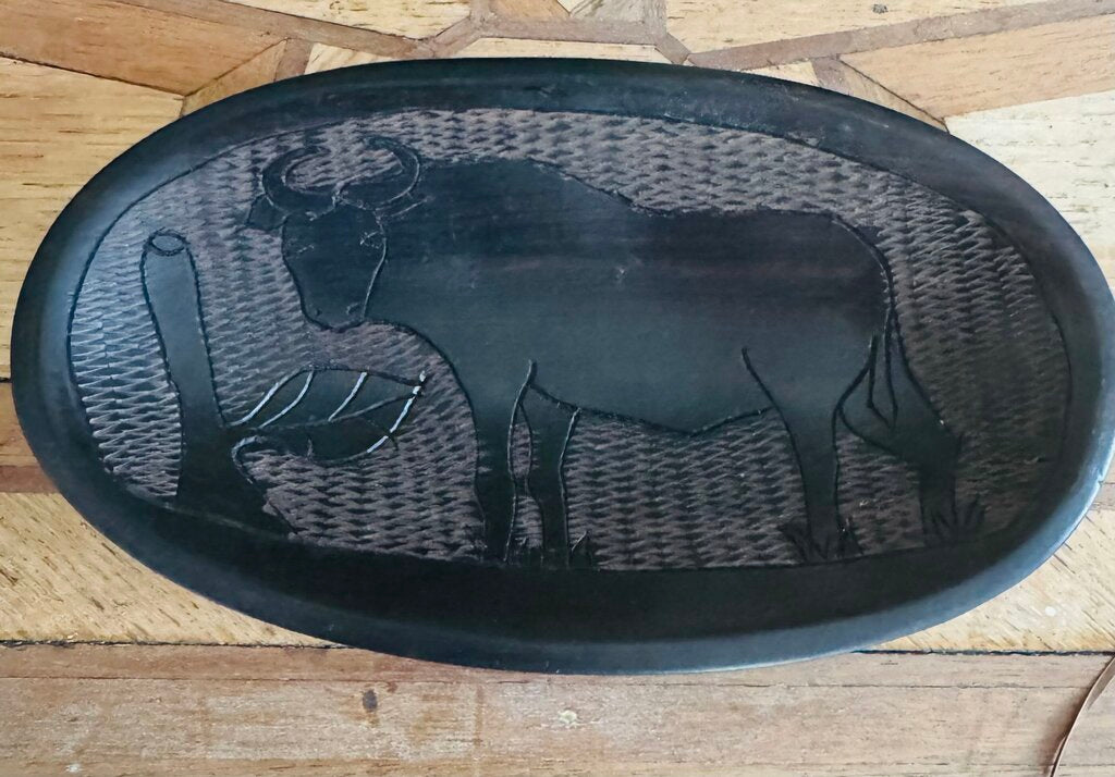 Hand Carved African Ebony Black Wooden Dish