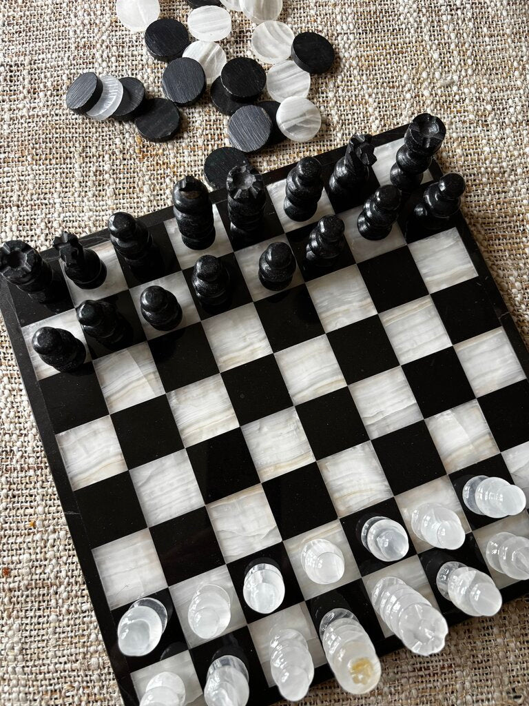 Black & White Marble Chess Board/Checkers Set