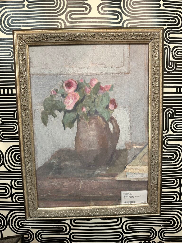 Roses in Vase. Antique Art in Frame. 12 x 16