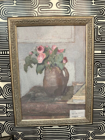 Roses in Vase. Antique Art in Frame. 12 x 16