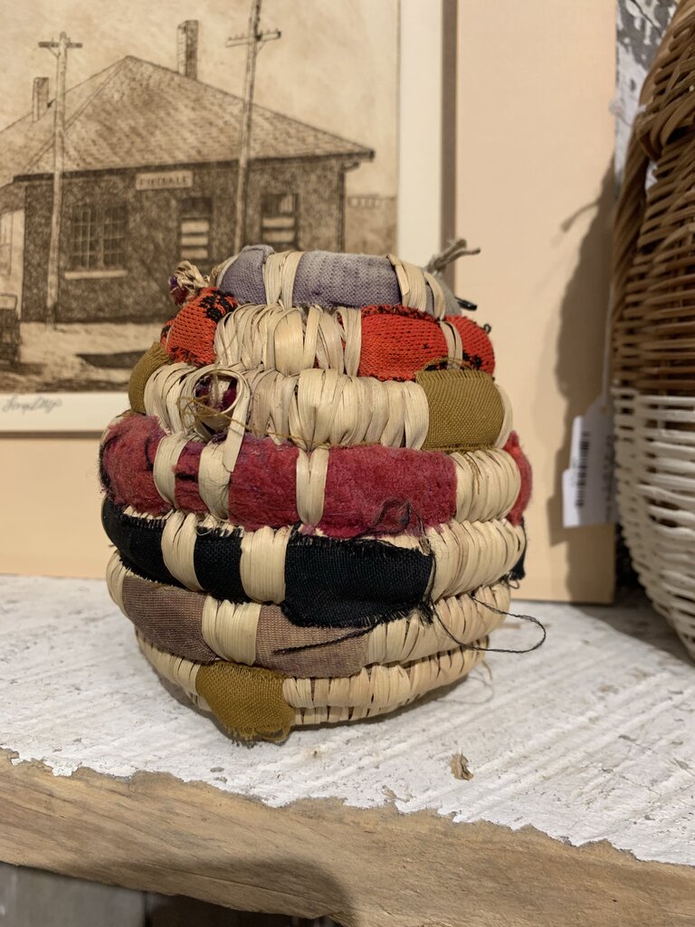 Vintage Handmade Woven & Fabric Strip Basket~ 4" w x 4" t