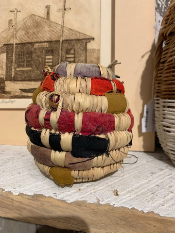 Vintage Handmade Woven & Fabric Strip Basket~ 4" w x 4" t