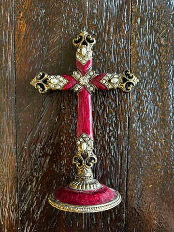 Beautiful Brass Antiqued Finish & Enamel Cross with Rhinestones