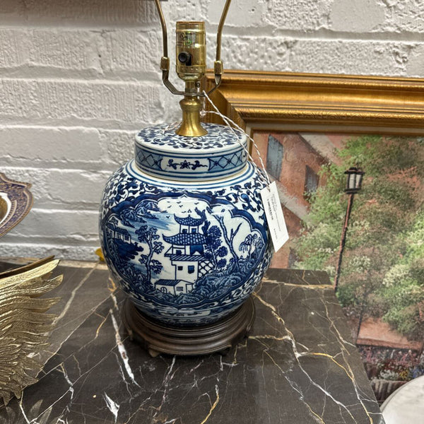 Pair Blue and White Chinoiserie Lamps 25x9"