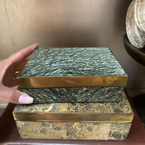 Green Stone/Brass Trinket Box 6x4.75x2.5"