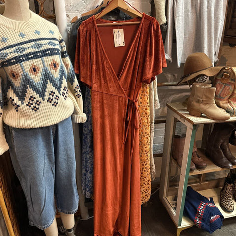 BALTIC BORN Rust Velveteen Wrap Dress Sz: M