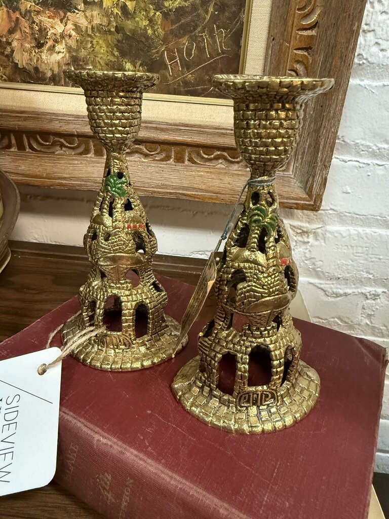 Pair of Vintage Jerusalem Brass Candle Holders W1879