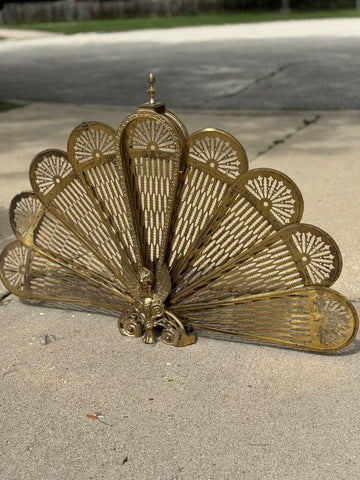 Vintage Brass peacock style fireplace screen with gargoyle (as-is)