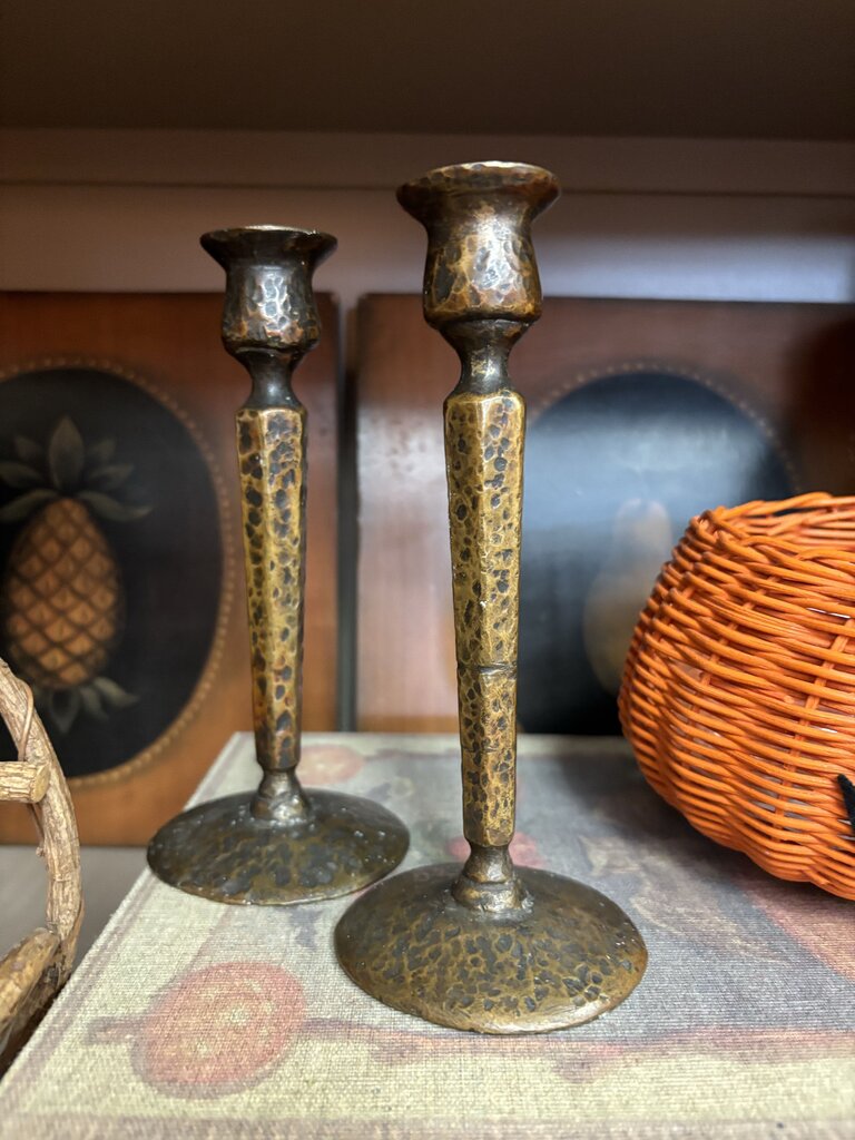Hammered Brass Vintage Candlestick Holders 7in
