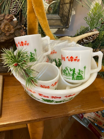 Vintage Hazel Atlas Milk Glass Tom & Jerry punch bowl and 6 cups as is