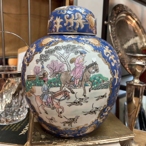 Vintage WBI China Porcelain Hunting Scene Ginger Jar