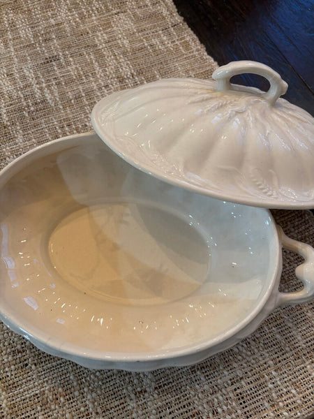 Antique Ironstone Lidded Oval Vegetable Bowl Wheat Pattern