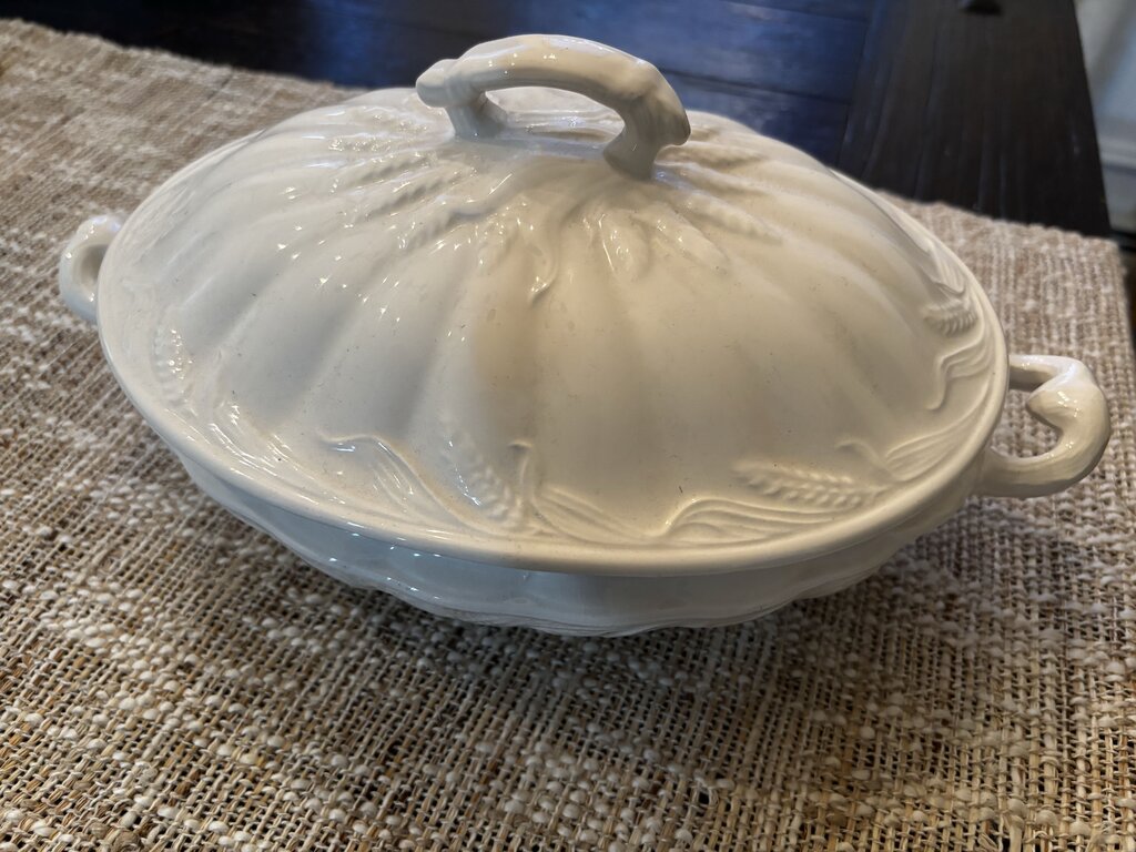 Antique Ironstone Lidded Oval Vegetable Bowl Wheat Pattern