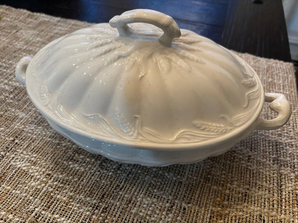 Antique Ironstone Lidded Oval Vegetable Bowl Wheat Pattern