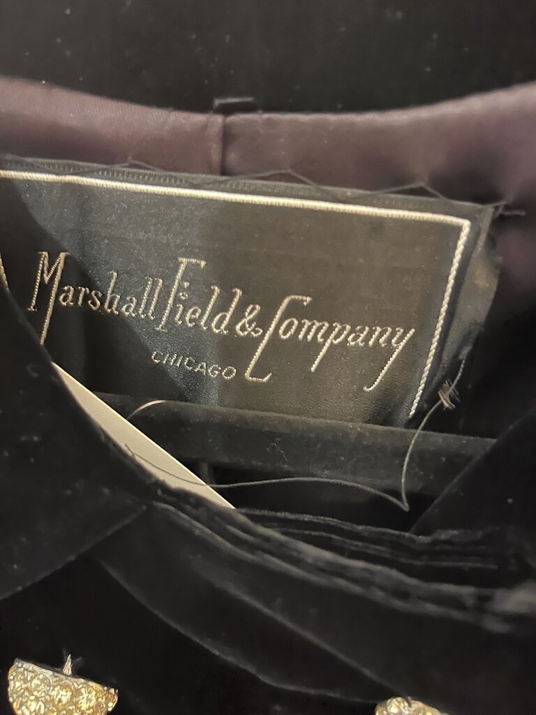 Vintage Marshall Field's & Co. BLACK VELVET OPERA COAT full length WITH RHINESTONE BUTTONS FIRM