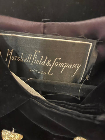 Vintage Marshall Field's & Co. BLACK VELVET OPERA COAT full length WITH RHINESTONE BUTTONS FIRM