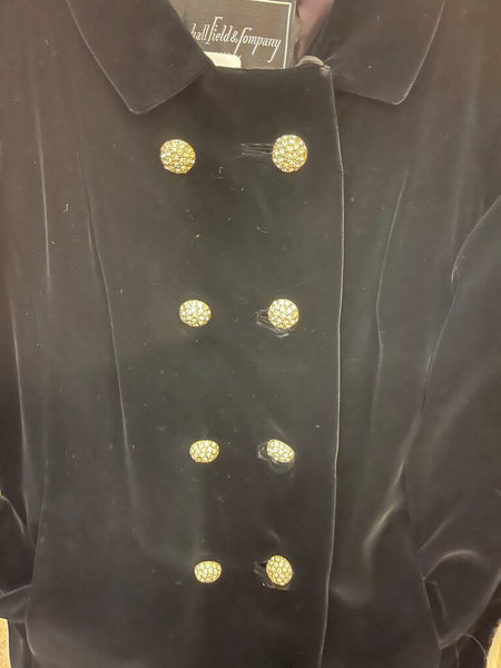 Vintage Marshall Field's & Co. BLACK VELVET OPERA COAT full length WITH RHINESTONE BUTTONS FIRM