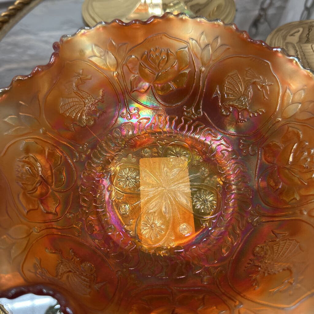 Marigold Carnival glass with Dragons and Lotus