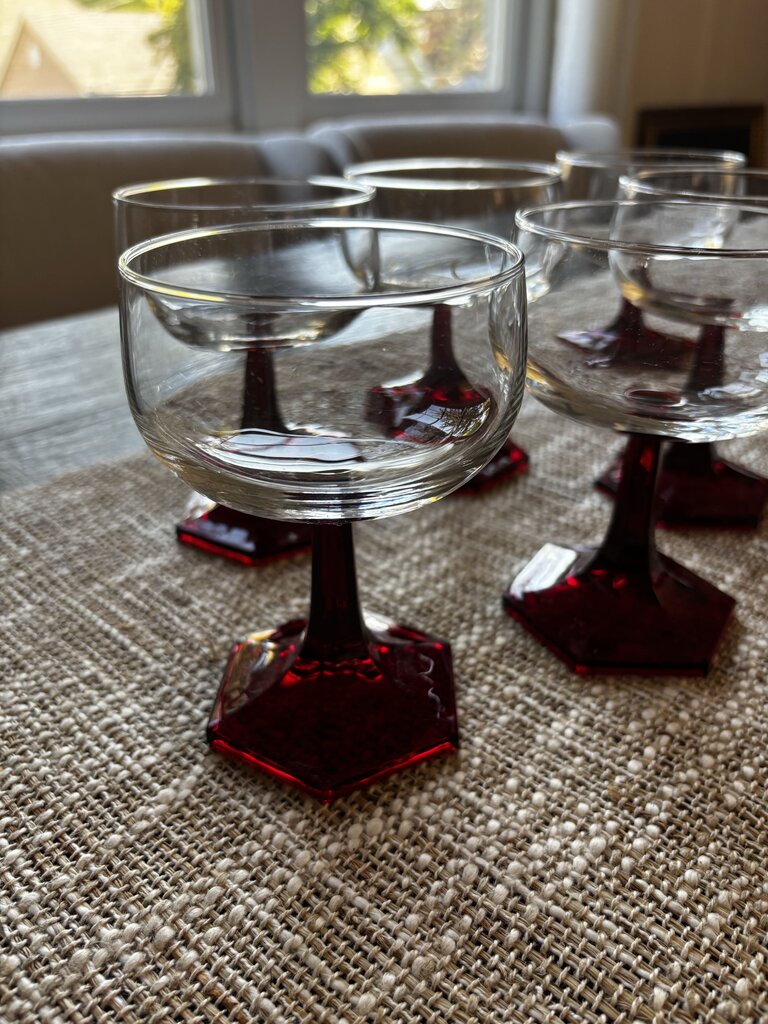 Set of 6 Vintage Luminarc Clear and Ruby Red Hexagon Coop Glasses