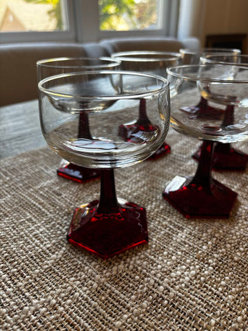Set of 6 Vintage Luminarc Clear and Ruby Red Hexagon Coop Glasses
