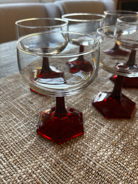 Set of 6 Vintage Luminarc Clear and Ruby Red Hexagon Coop Glasses
