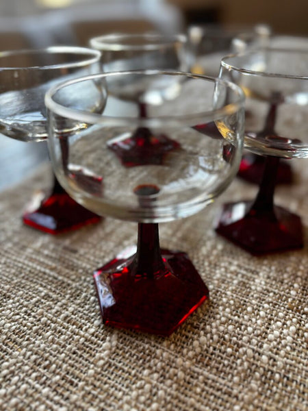 Set of 6 Vintage Luminarc Clear and Ruby Red Hexagon Coop Glasses