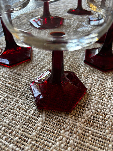 Set of 6 Vintage Luminarc Clear and Ruby Red Hexagon Coop Glasses