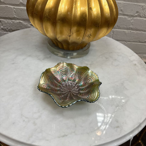 Fenton Carnival Glass Berry Bowl Peacock Tail Green