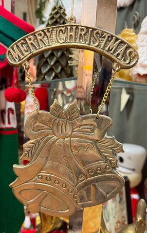 Brass Merry Christmas Hanging Sign with Bells H3000