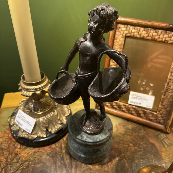 BRONZE ART SCULPTURE GIRL WITH BASKETS, ON MARBLE BASE 11 1/4" x 5 1/2"