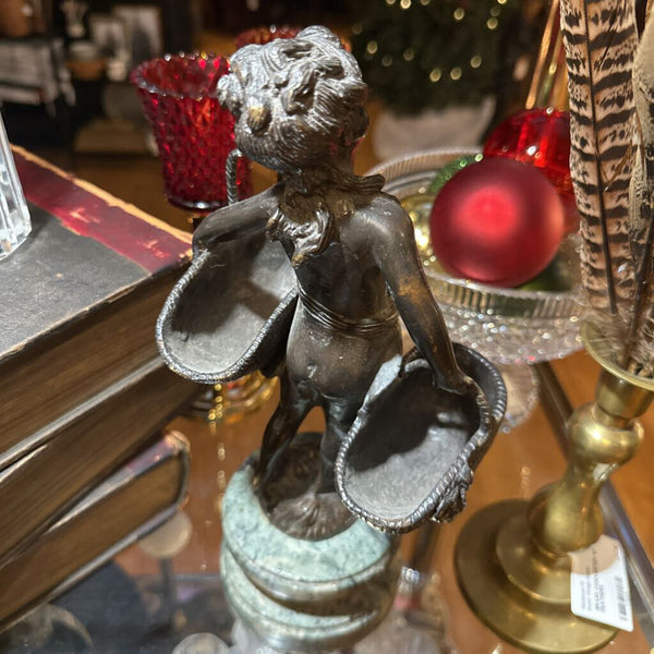 BRONZE ART SCULPTURE GIRL WITH BASKETS, ON MARBLE BASE 11 1/4" x 5 1/2"