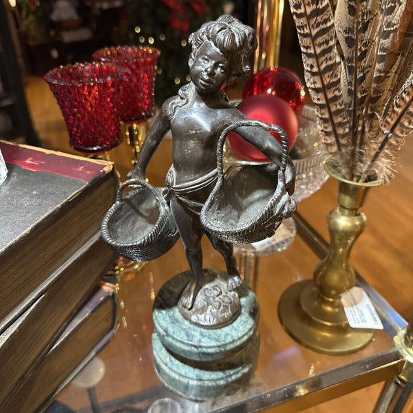BRONZE ART SCULPTURE GIRL WITH BASKETS, ON MARBLE BASE 11 1/4" x 5 1/2"