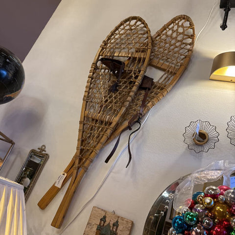 Vintage Wood and Cat Gut Snowshoes with original leather straps USA 13x48 PAIR