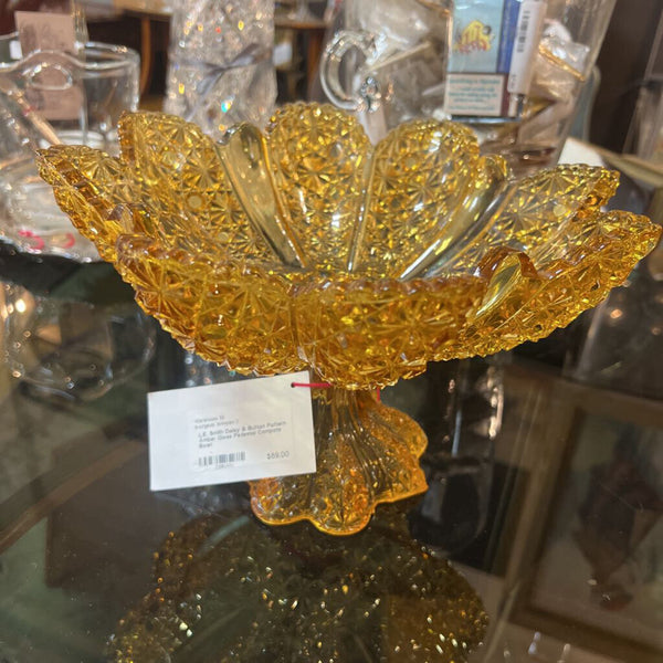 L.E. Smith Daisy & Button Pattern Amber Glass Pedestal Compote Bowl